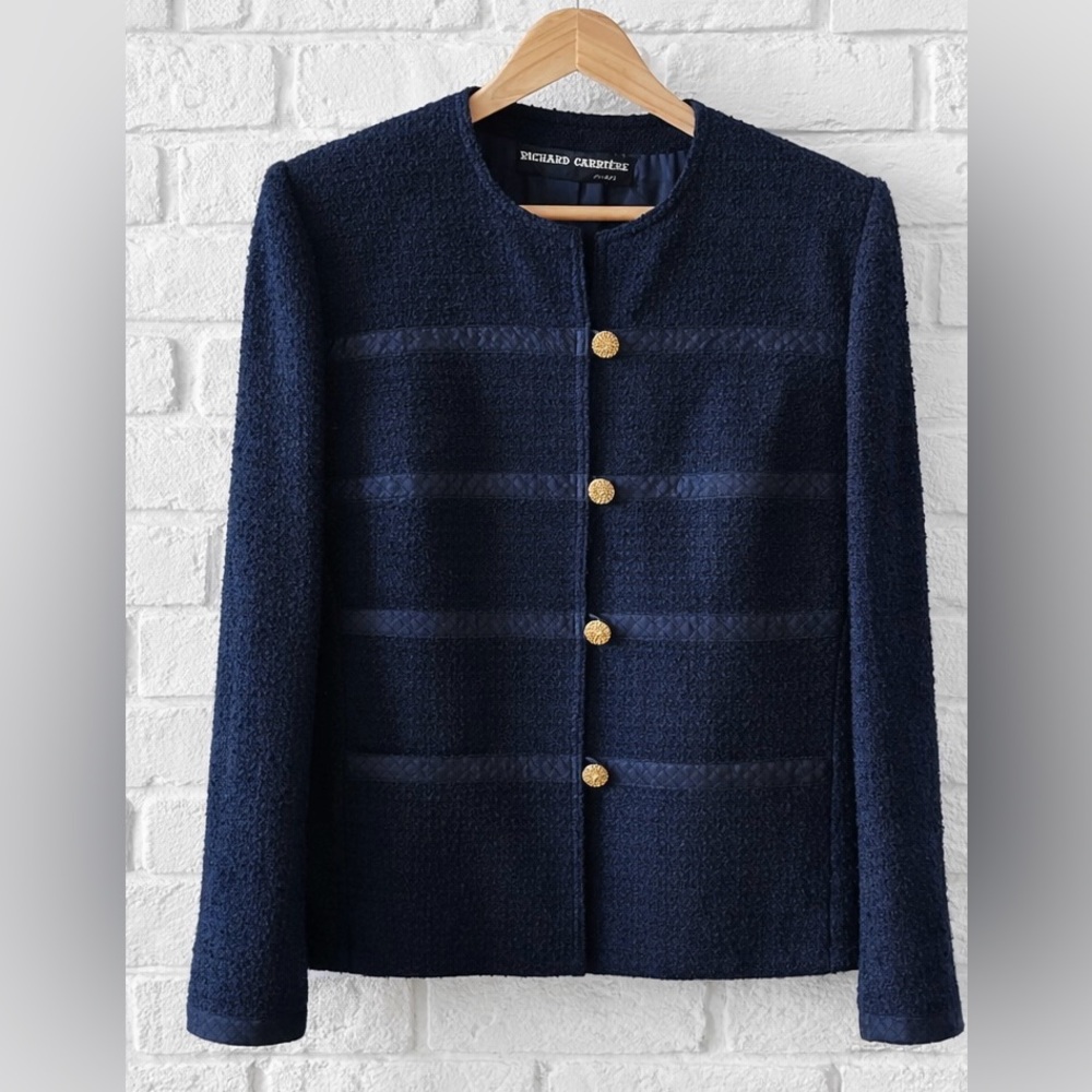 Vintage Richard Carrière Paris Navy Tweed Skirt Suit Set Size 6 Gold Buttons